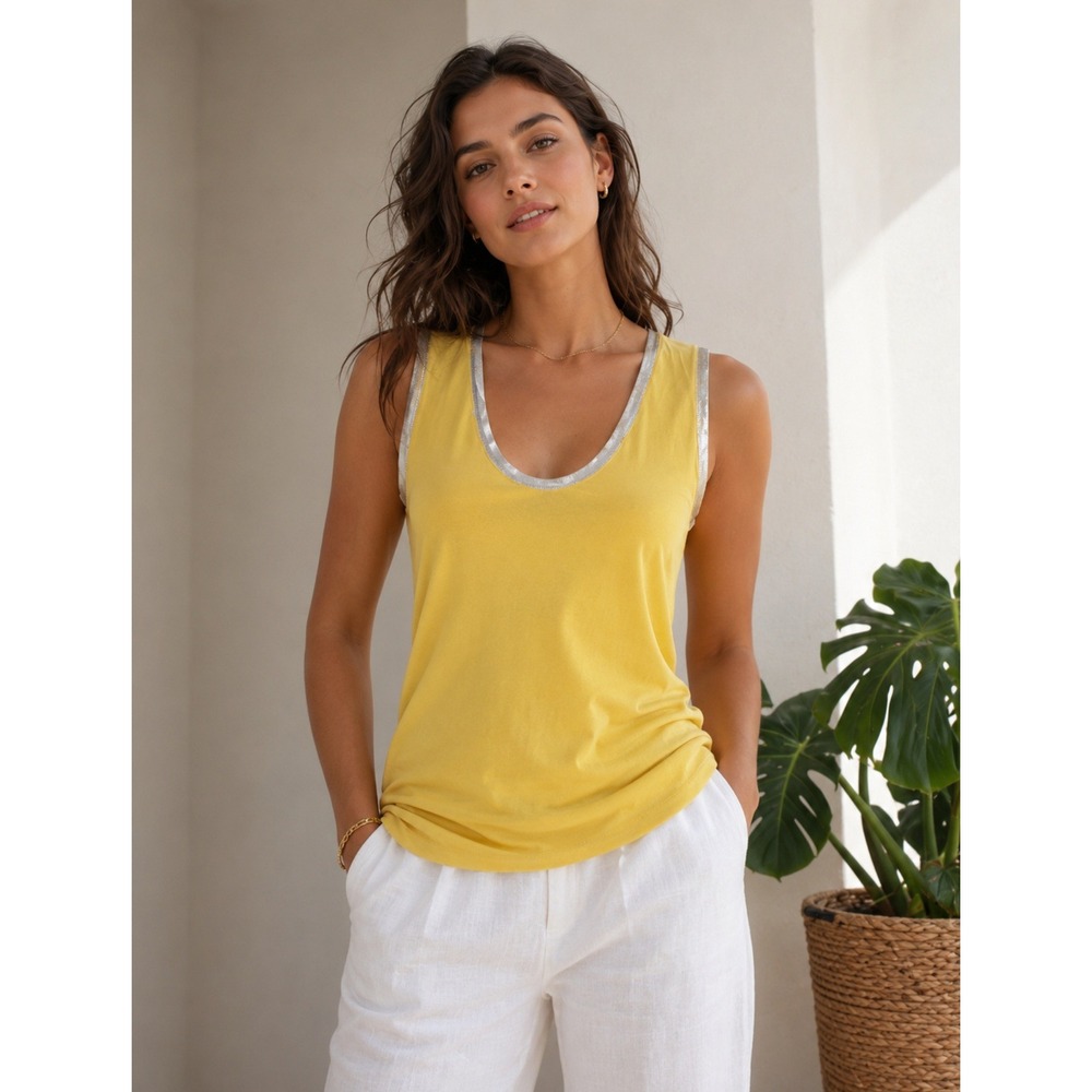Zadig & Voltaire Yellow Modal Tank Top Silver Foil Trim Scoop Neck Size L Peru